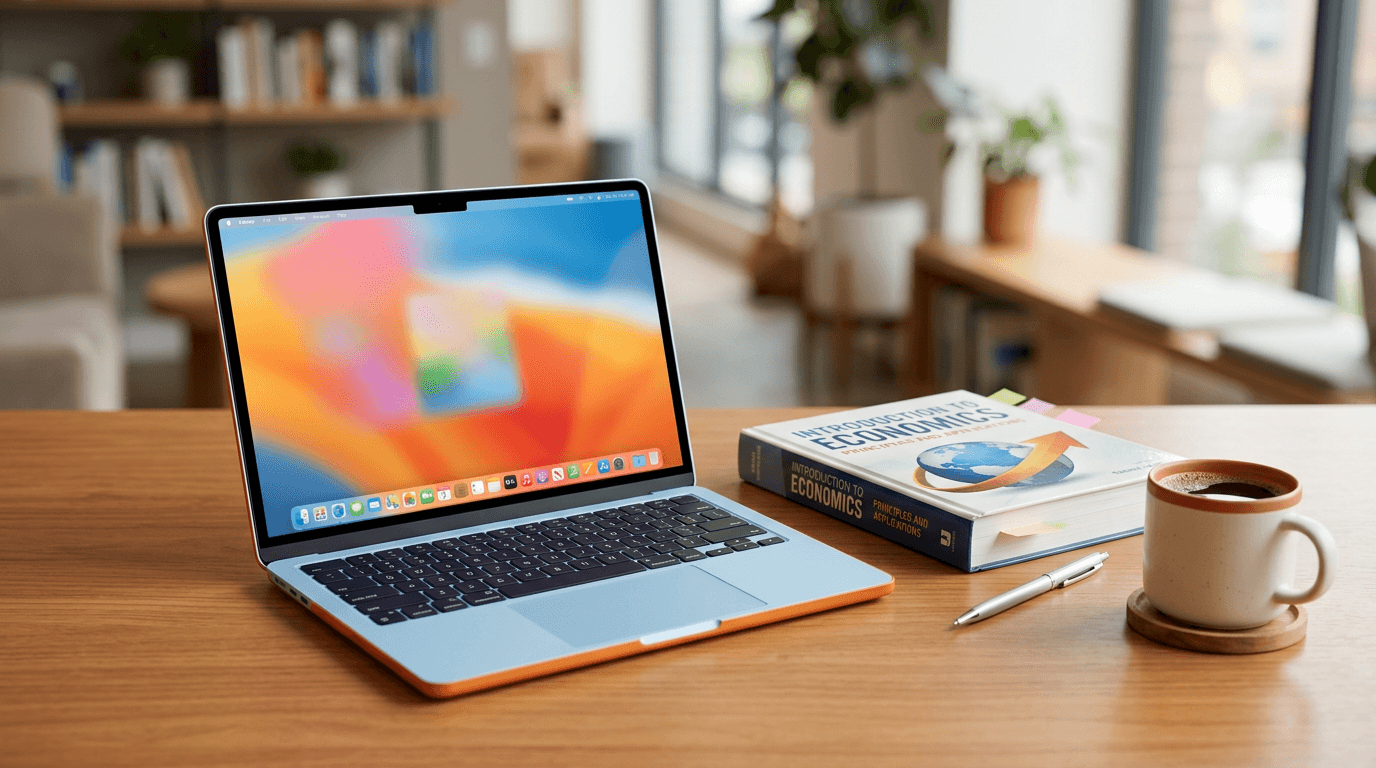 A sleek, colorful MacBook Neo (in shades like light blue and orange) displayed on a minimalist woode