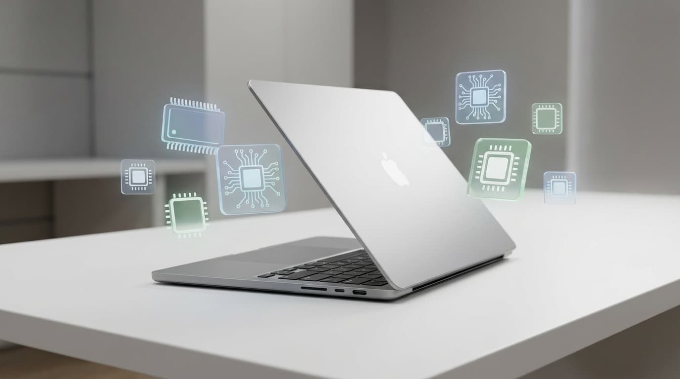 A sleek, minimalist MacBook Neo laptop displayed on a clean white desk, surrounded by floating trans
