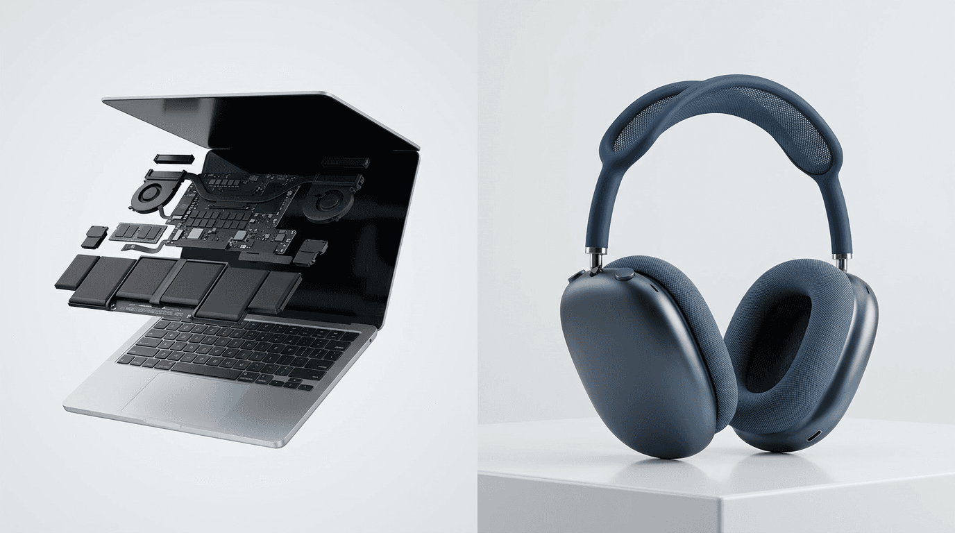 A side-by-side product showcase: on the left, an exploded view of the MacBook Neo showing its easy-t