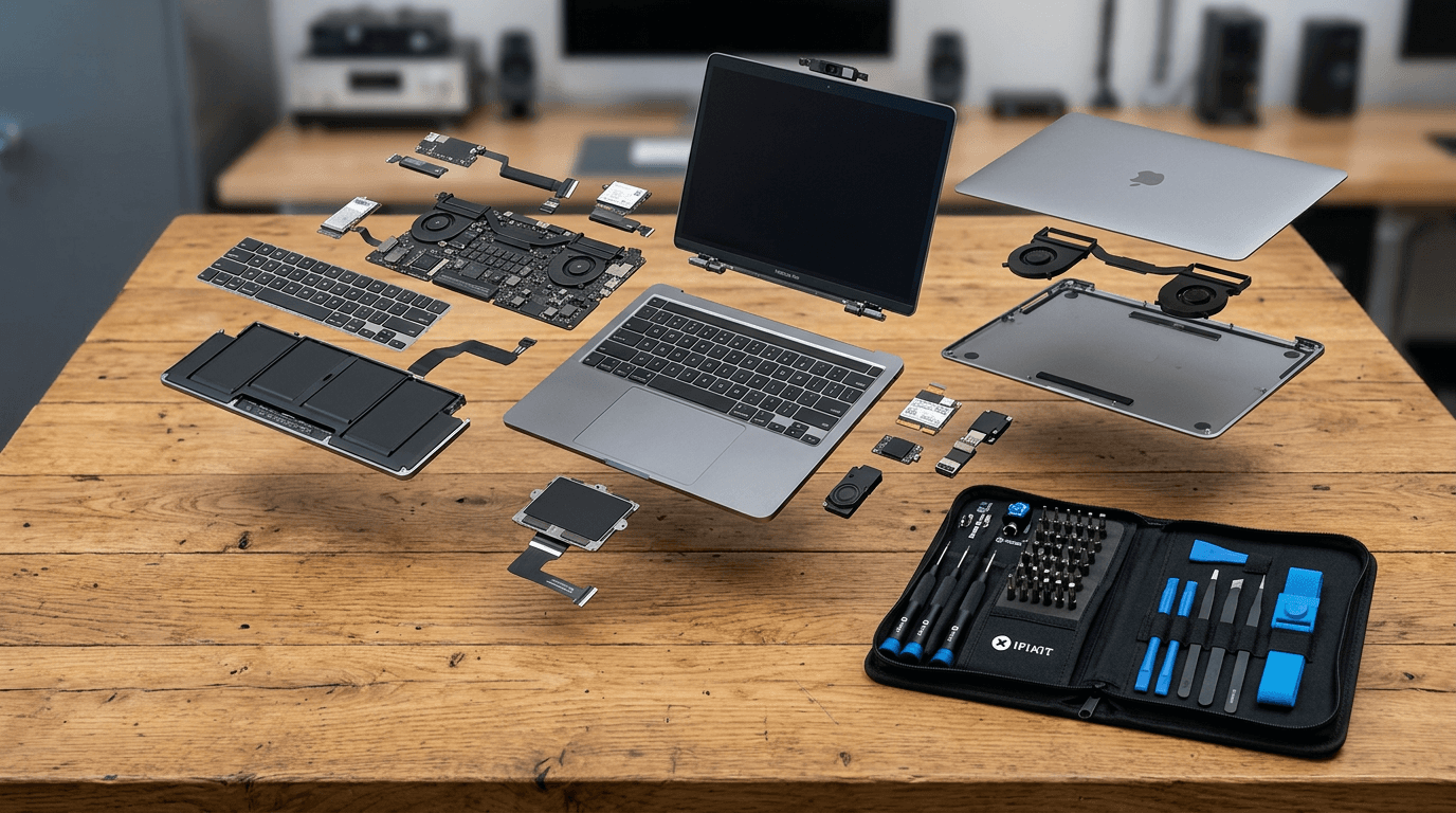 An exploded view of a MacBook Neo showing individual modular parts like the battery, keyboard, and m