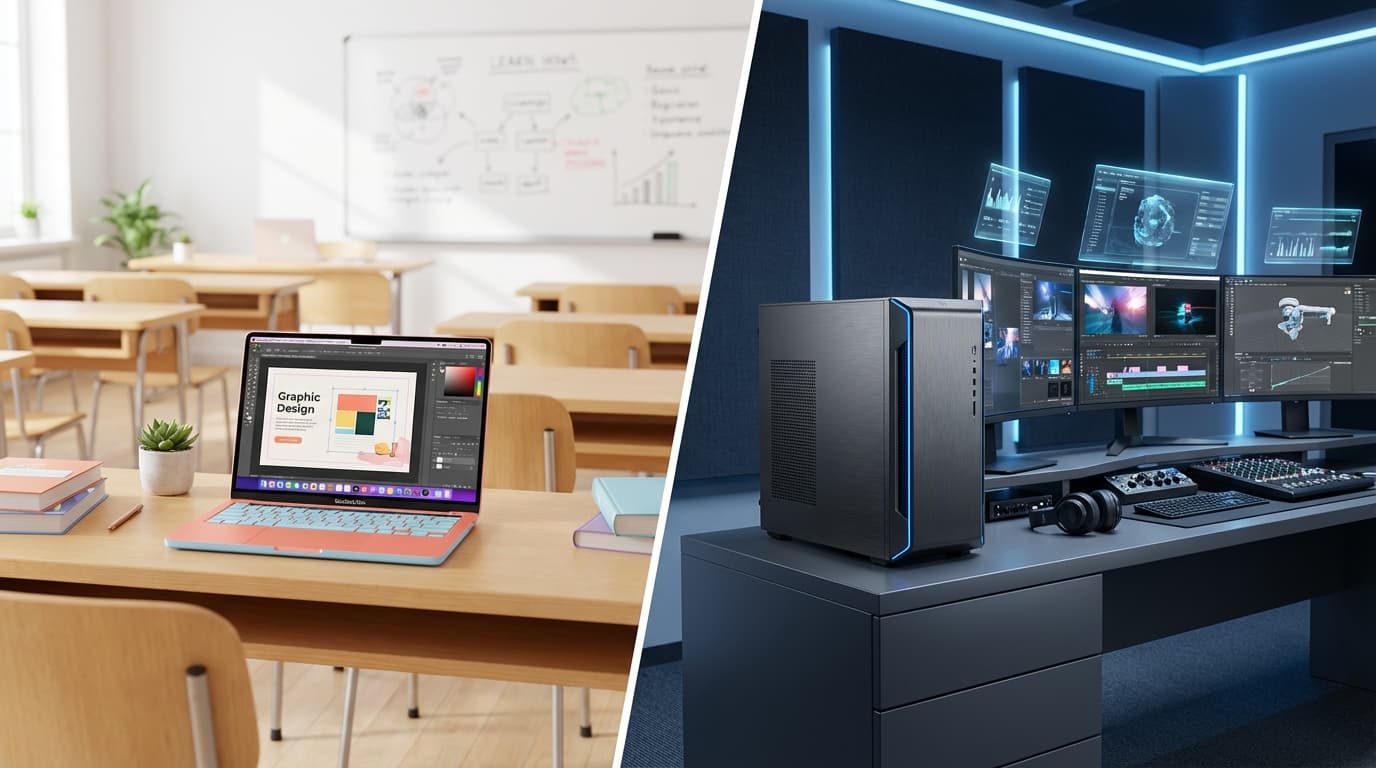 A professional split-screen composition: on the left, a minimalist and colorful MacBook Neo in a cla