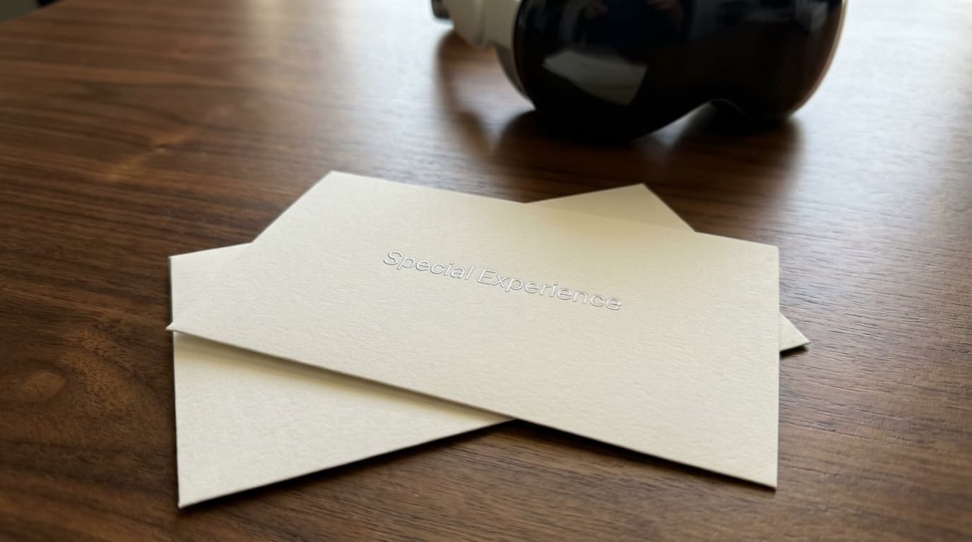 A close-up shot of an elegant Apple invitation card resting on a minimalist walnut desk. The text 'S