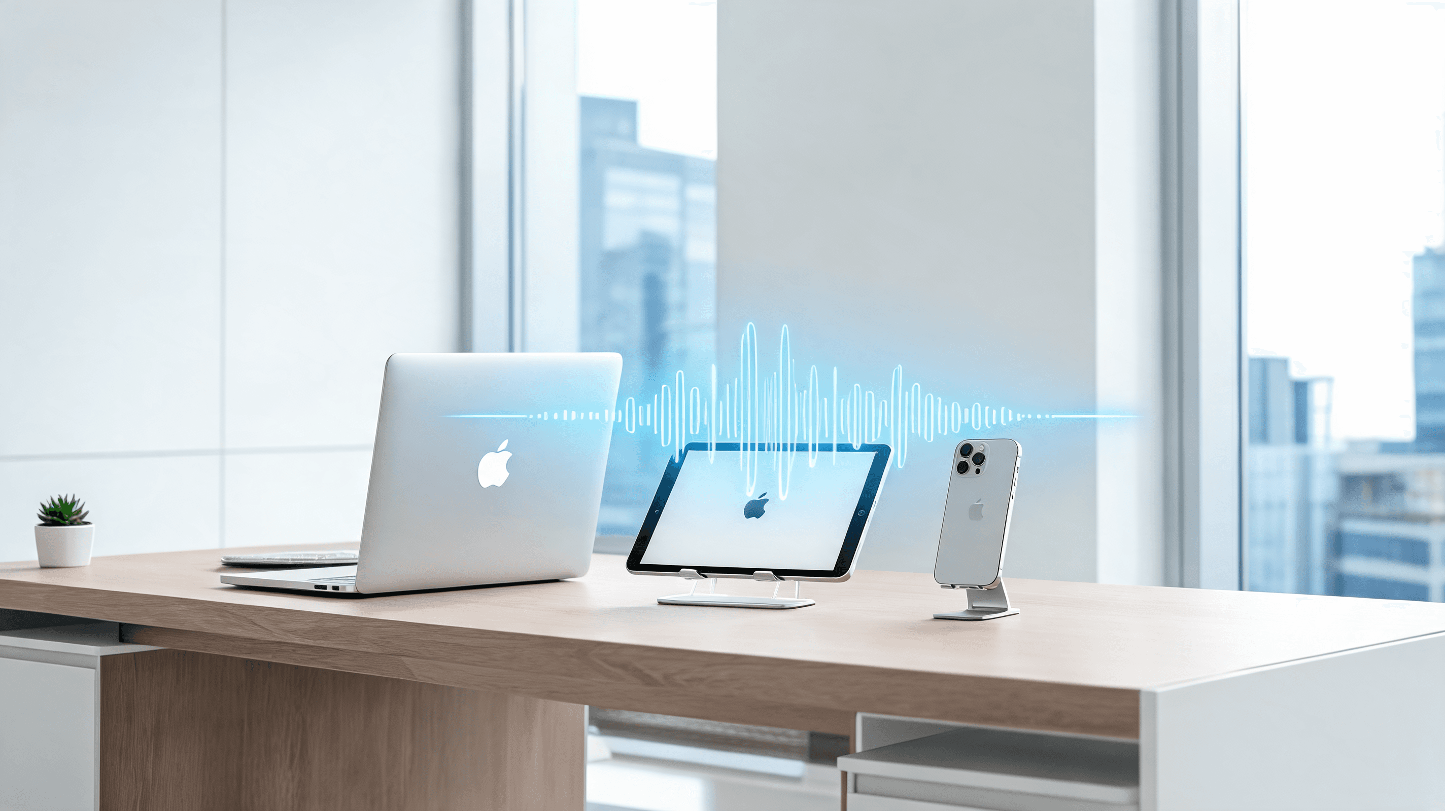 A modern, sleek professional office setting with an iPhone, iPad, and MacBook on a desk, with a soft