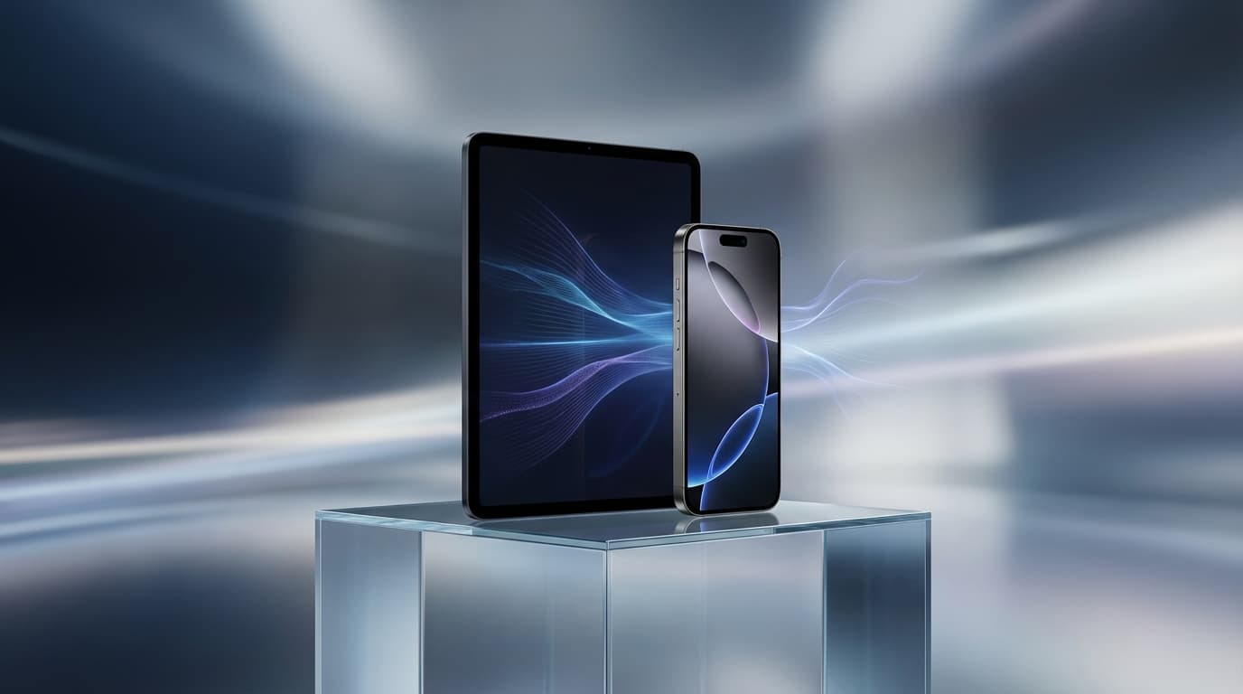 A high-tech studio product photography shot featuring a sleek iPhone 17e and a slim M4 iPad Air disp