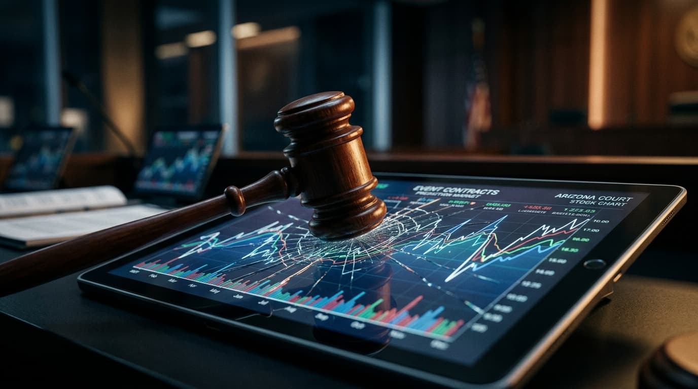 A gavel striking a digital screen showing a stock chart of event contracts, representing the legal c
