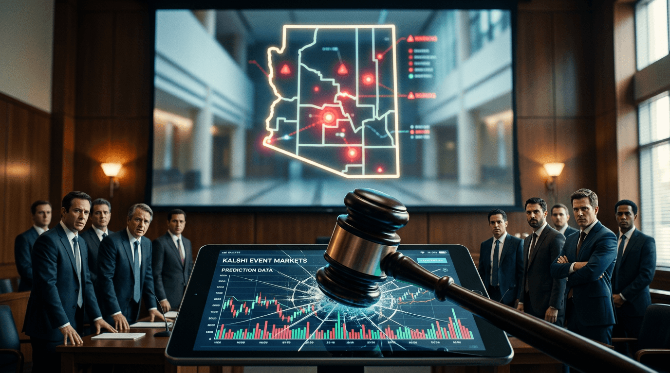 A dramatic courtroom scene where a gavel is coming down on a digital display showing Kalshi predicti