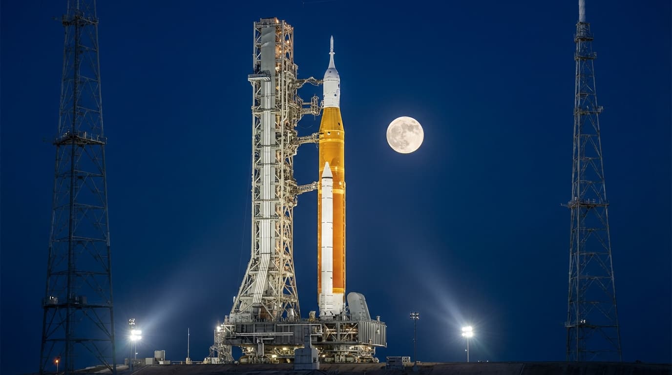 The massive SLS rocket on the launchpad at Kennedy Space Center at night, illuminated by bright spot