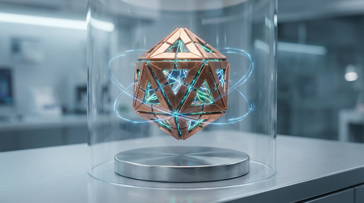 A close-up artistic rendering of a mysterious copper-based crystalline compound floating in mid-air