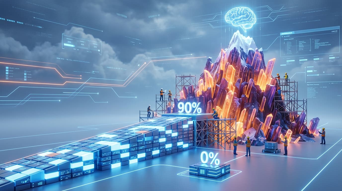 A complex 3D diagram showing a small step from 0 to 90% and a massive, mountain-like incline from 90