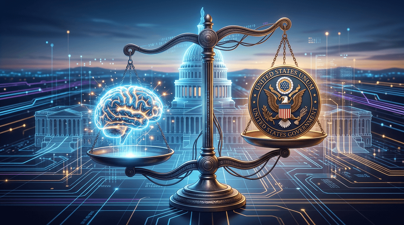 A conceptual illustration of a classical balance scale with a glowing AI brain on one side and a gov