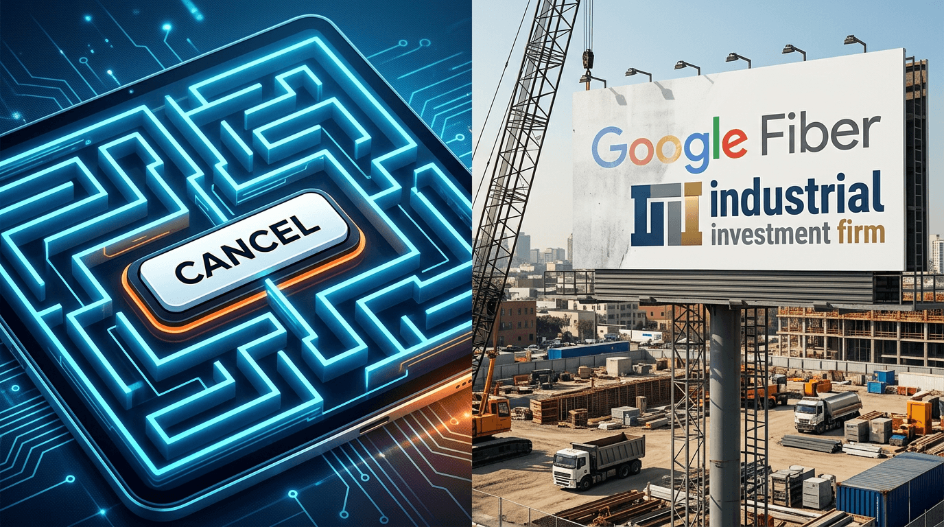 A split image with a stylized 'Cancel' button trapped in a maze on the left representing Adobe, and
