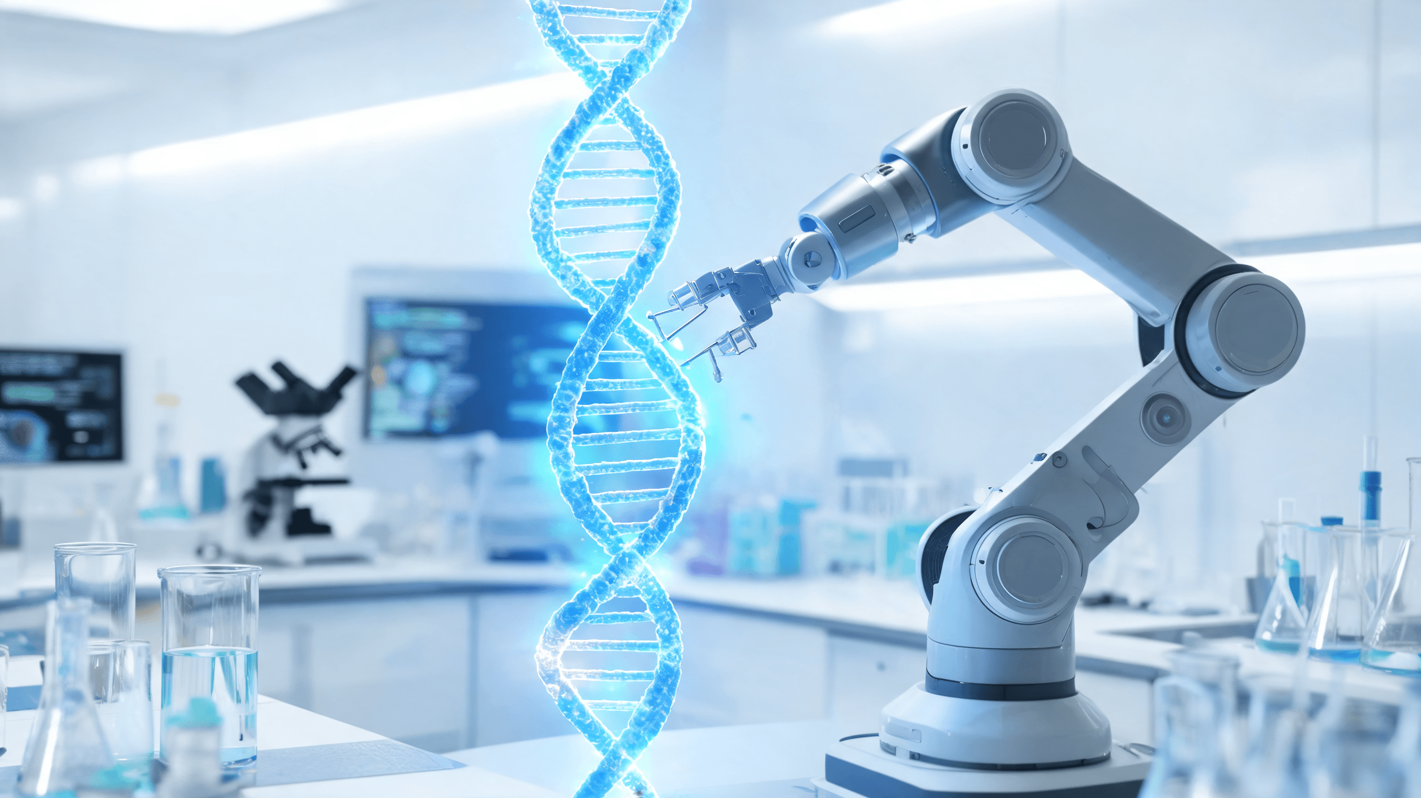 A laboratory setting showing a double-helix DNA strand being adjusted by a robotic arm, with a glowi