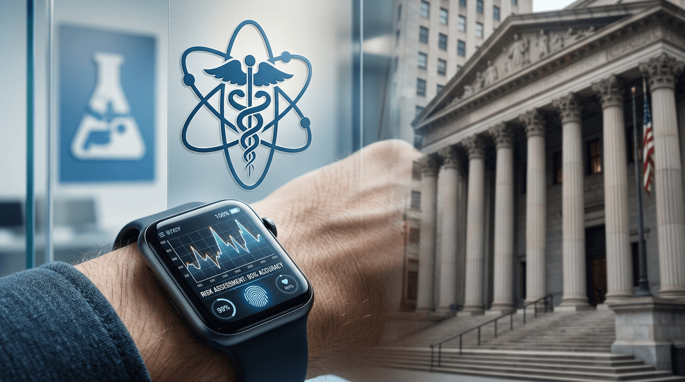 A digital wellness scene: a close-up of a modern smartwatch displaying a complex health graph and th