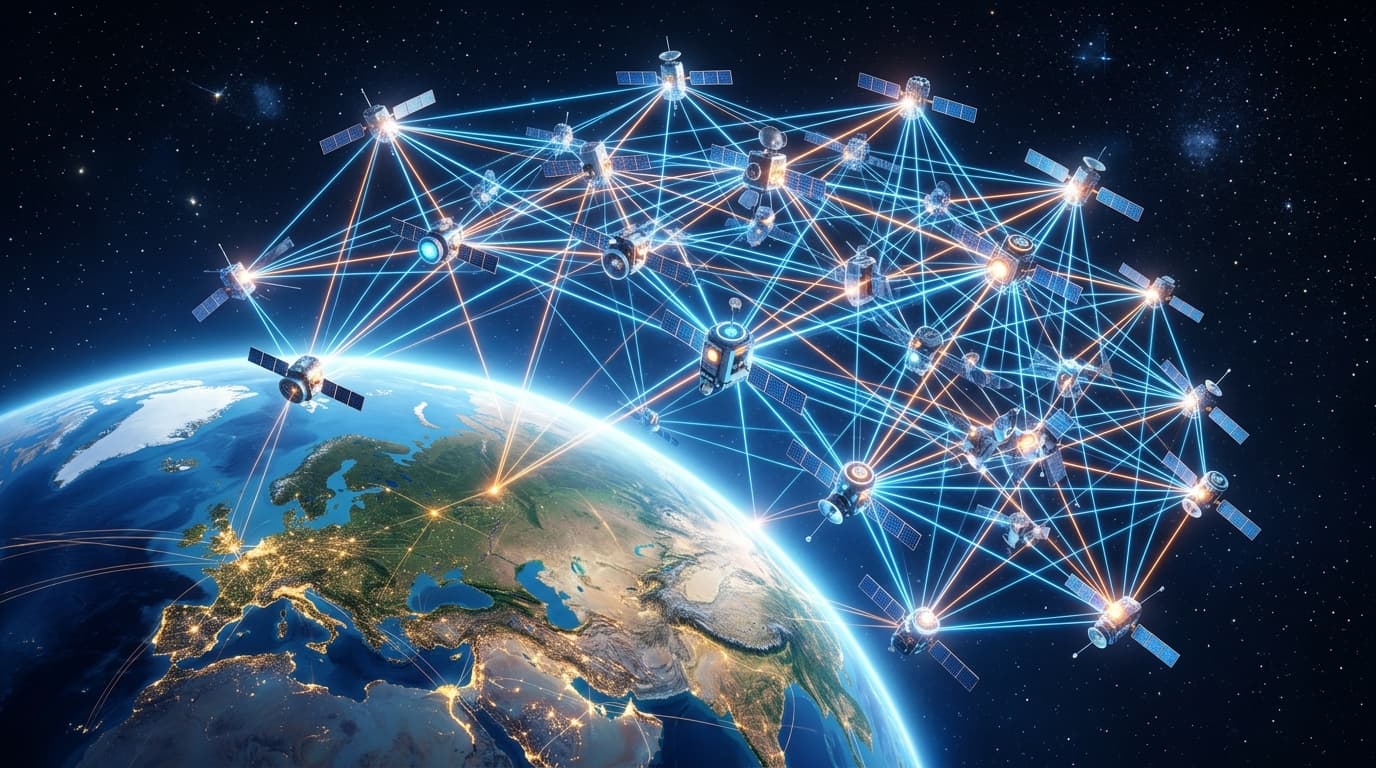 A futuristic depiction of a glowing cluster of high-tech satellites orbiting Earth, with visible bea