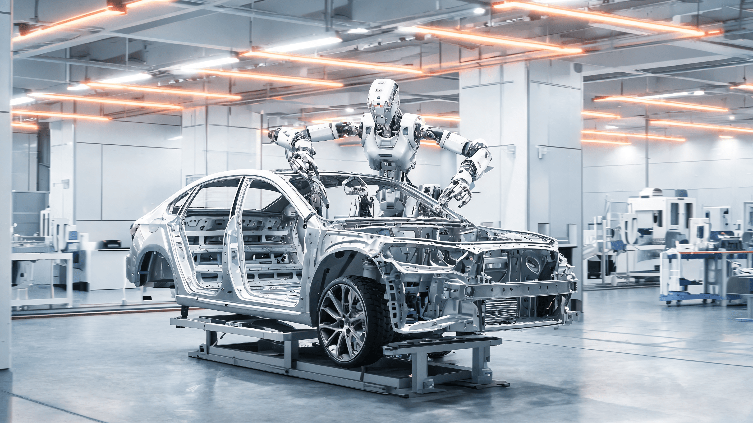 An advanced humanoid robot working on a car chassis in a clean, futuristic factory environment, oran