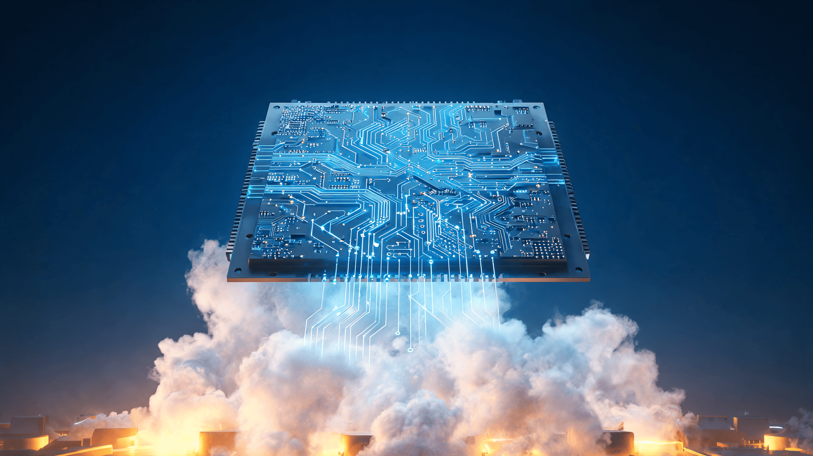 A modern technological abstract scene, showing a futuristic microchip interconnected with glowing ge
