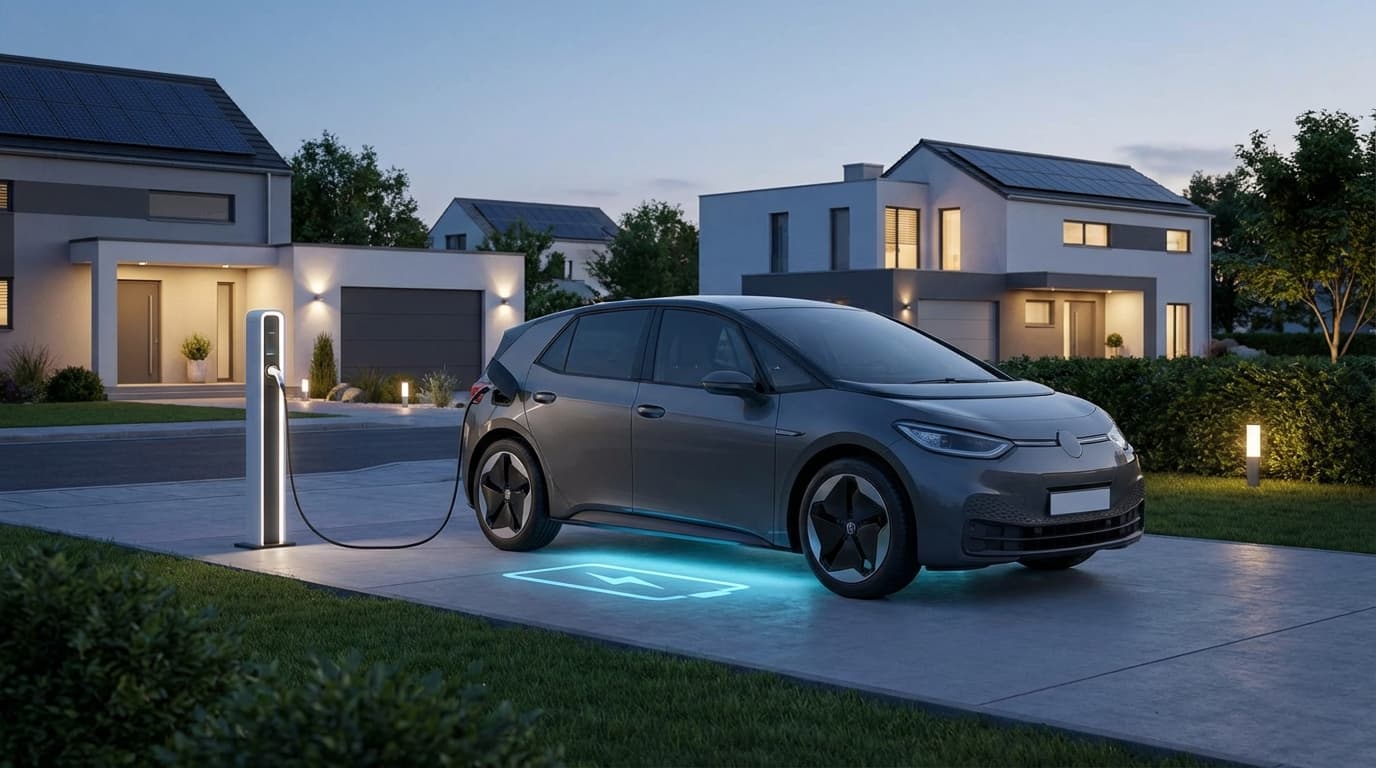 A modern, sleek electric hatchback car charging at a glowing high-speed charging station in a futuri