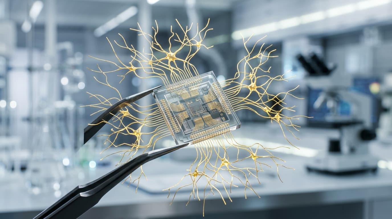 A highly detailed close-up of a tiny, semi-transparent microchip held by robotic tweezers, with deli