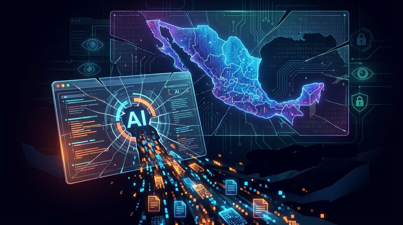 A dark, conceptual illustration of a digital map of Mexico under a stylized hacking overlay. In the