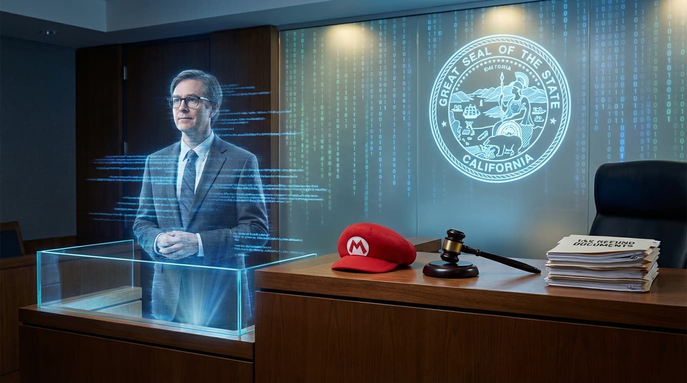 A courtroom setting where a digital avatar of a professor is standing at a witness stand, flickering