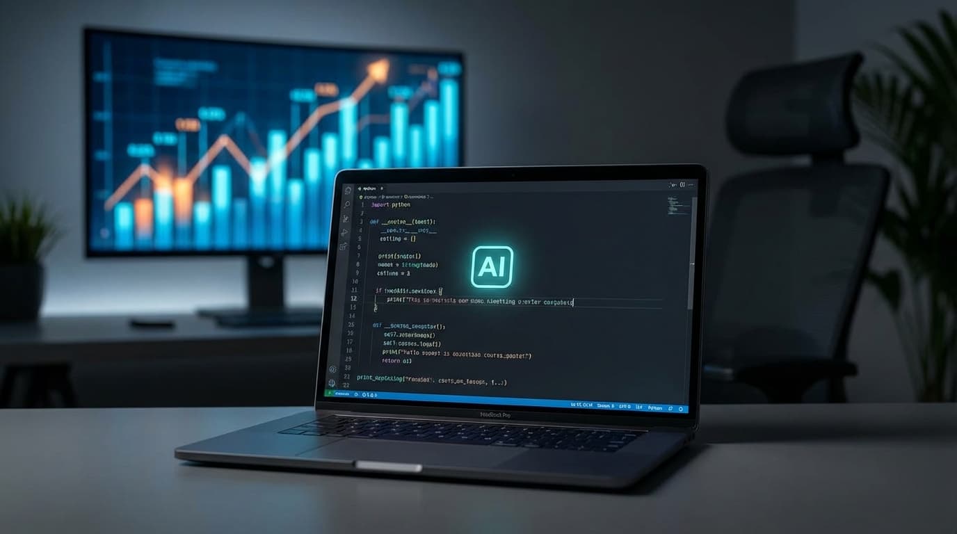 A modern home office setup with a high-end laptop screen showing complex Python code being auto-comp