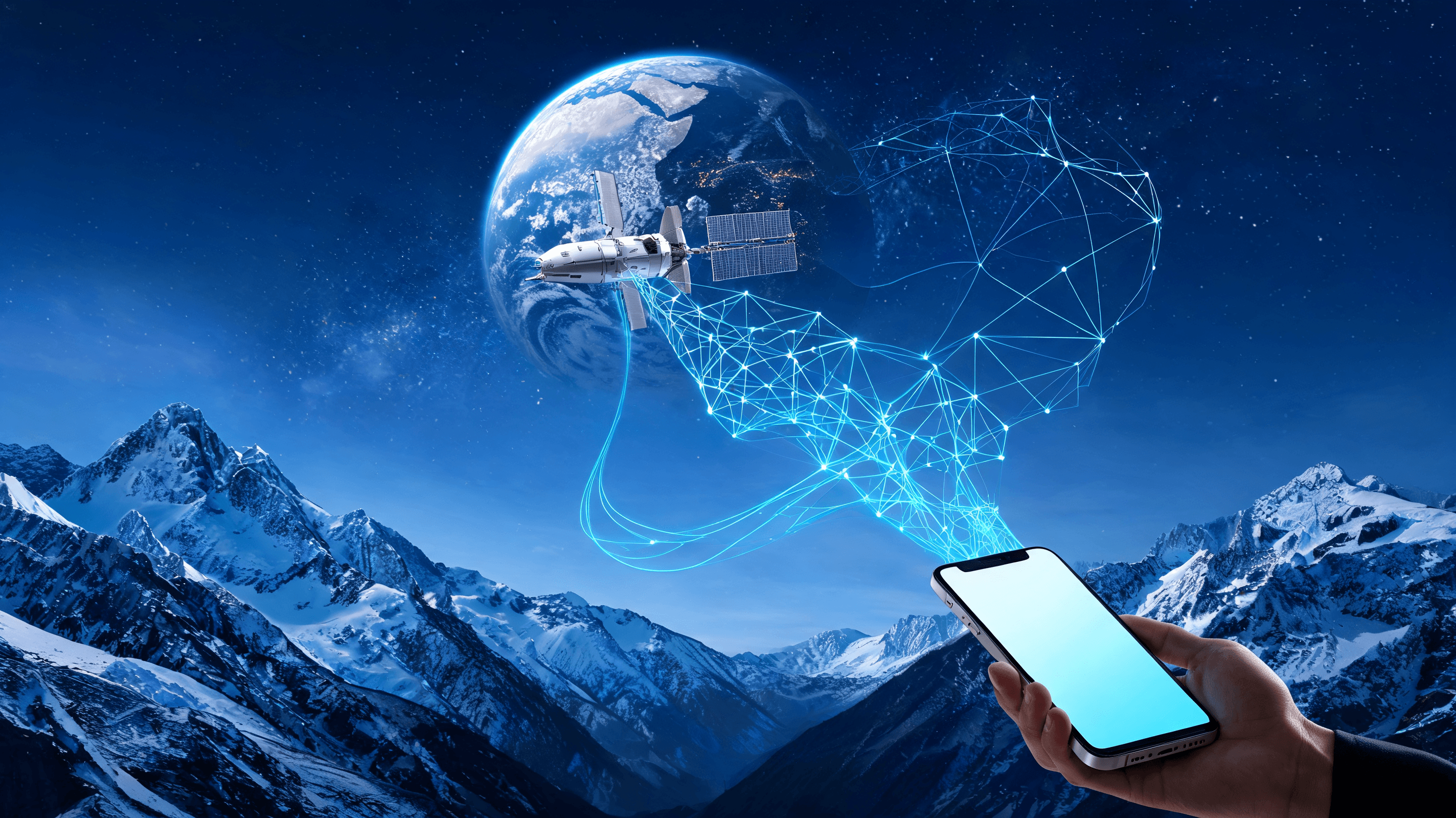 An artistic representation of a sleek, futuristic satellite orbiting Earth with a glowing mesh of di