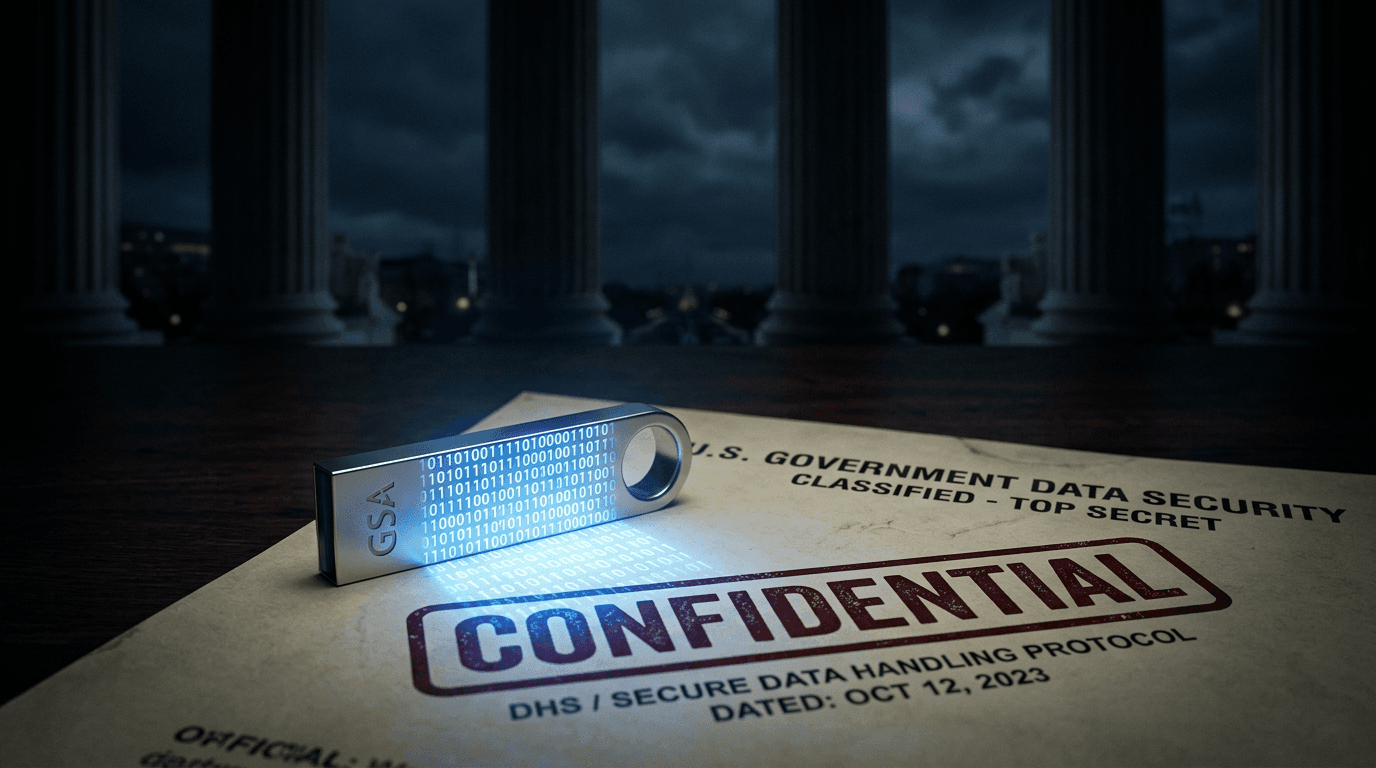 A dark, conceptual image of a silver thumb drive glowing with binary code sitting on top of an offic