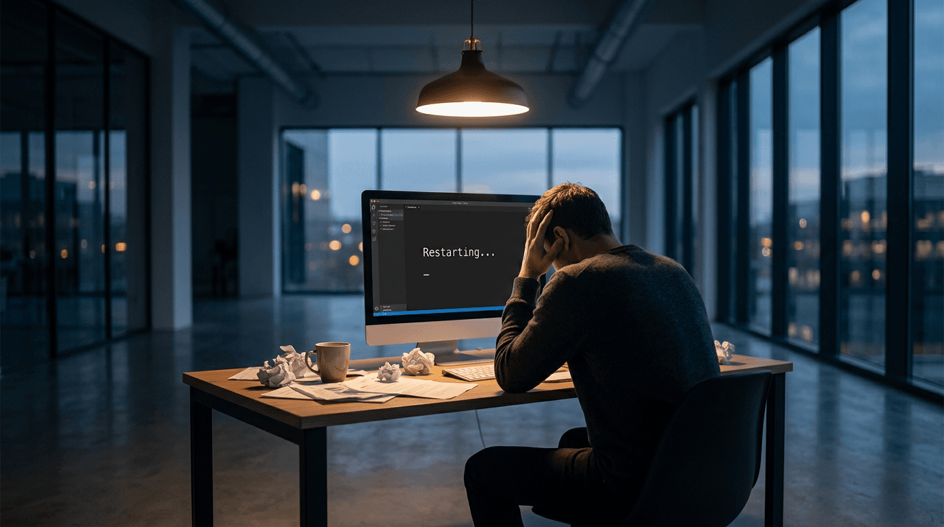 A minimalist office setting with a single bright light over a desk covered in crumpled papers and a