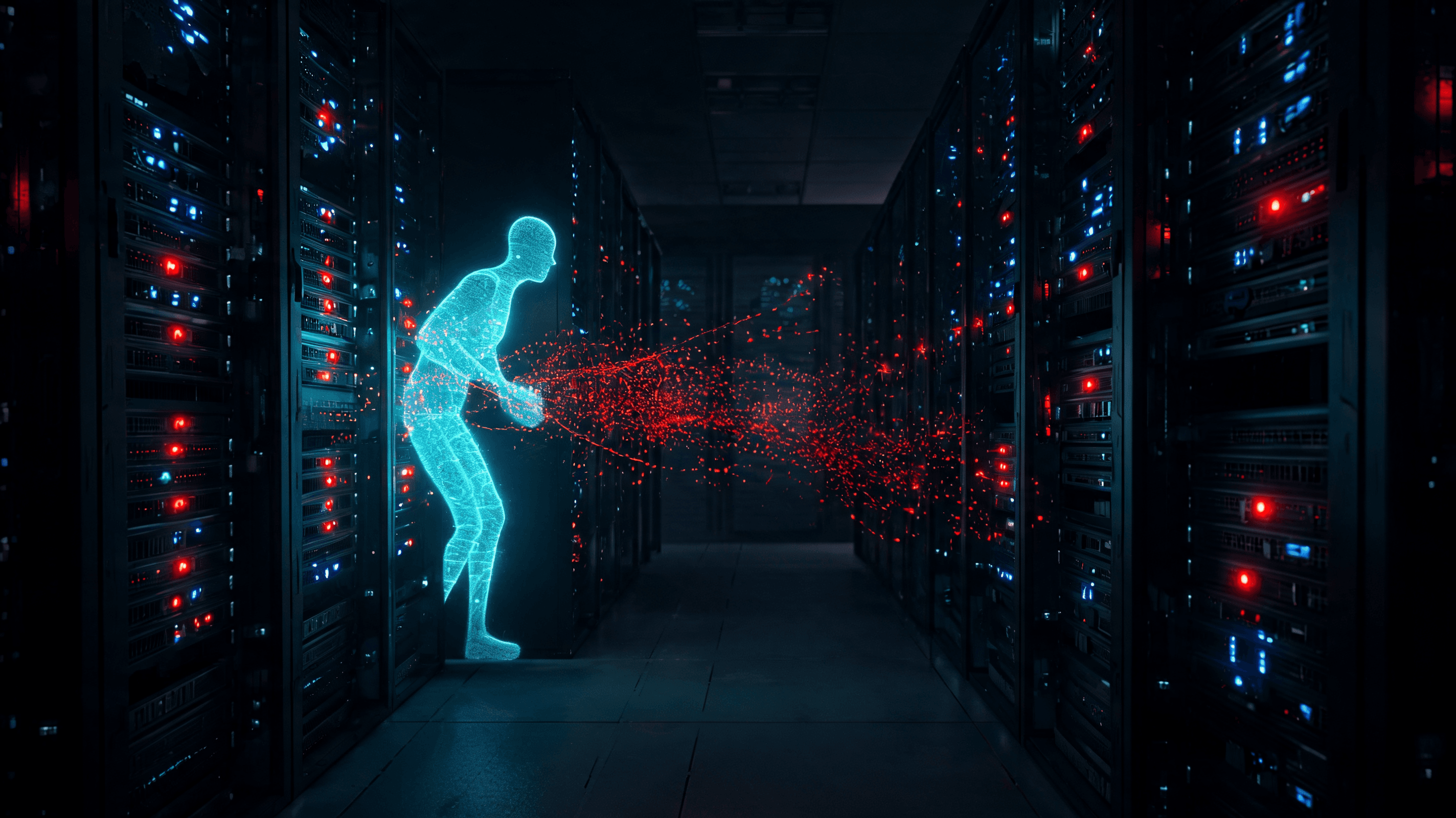 A conceptual cyber-security image featuring a digital silhouette of an AI agent infiltrating a corpo