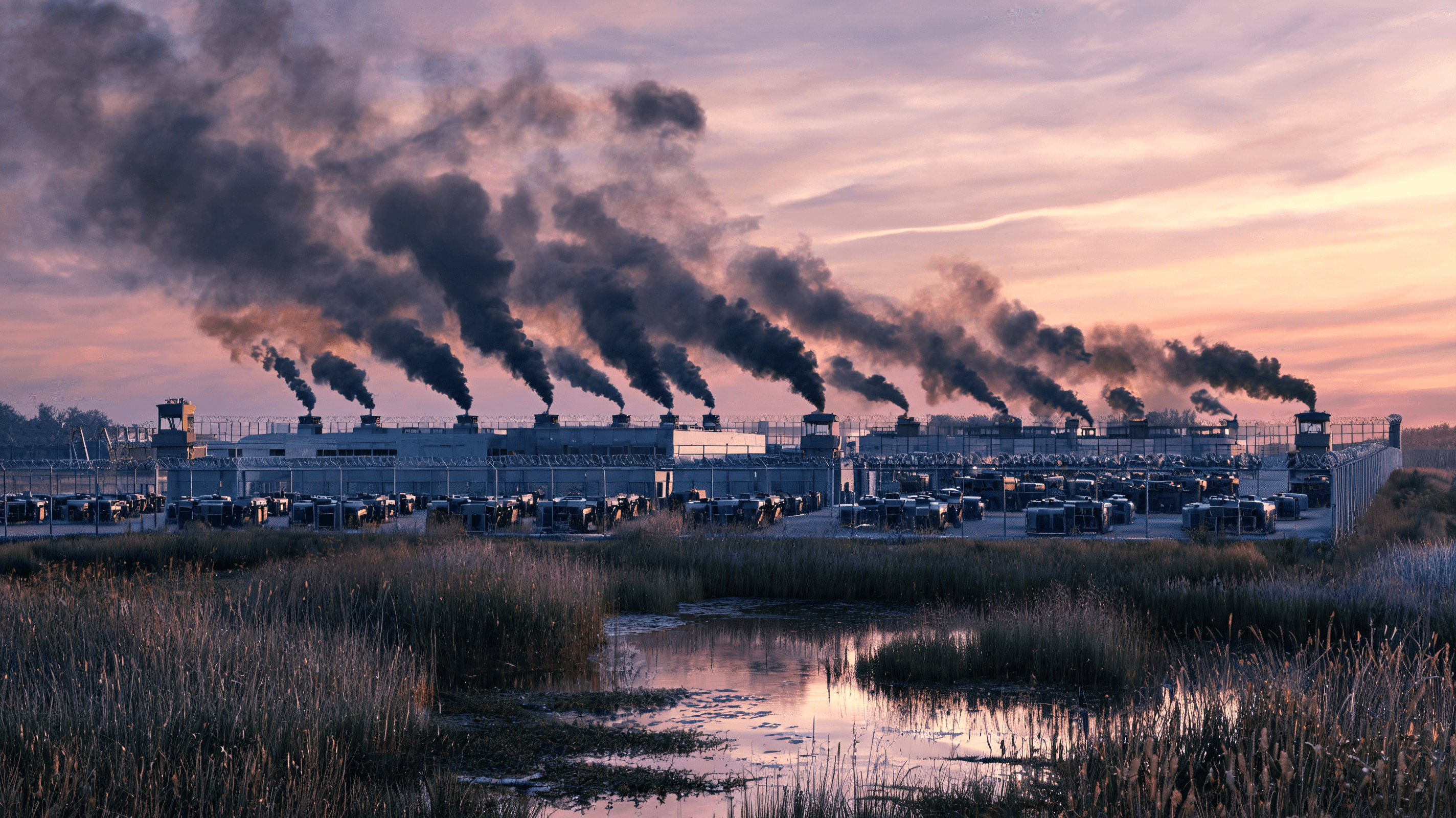 A sprawling detention center facility in a wetland landscape at dusk, with hundreds of diesel-powere