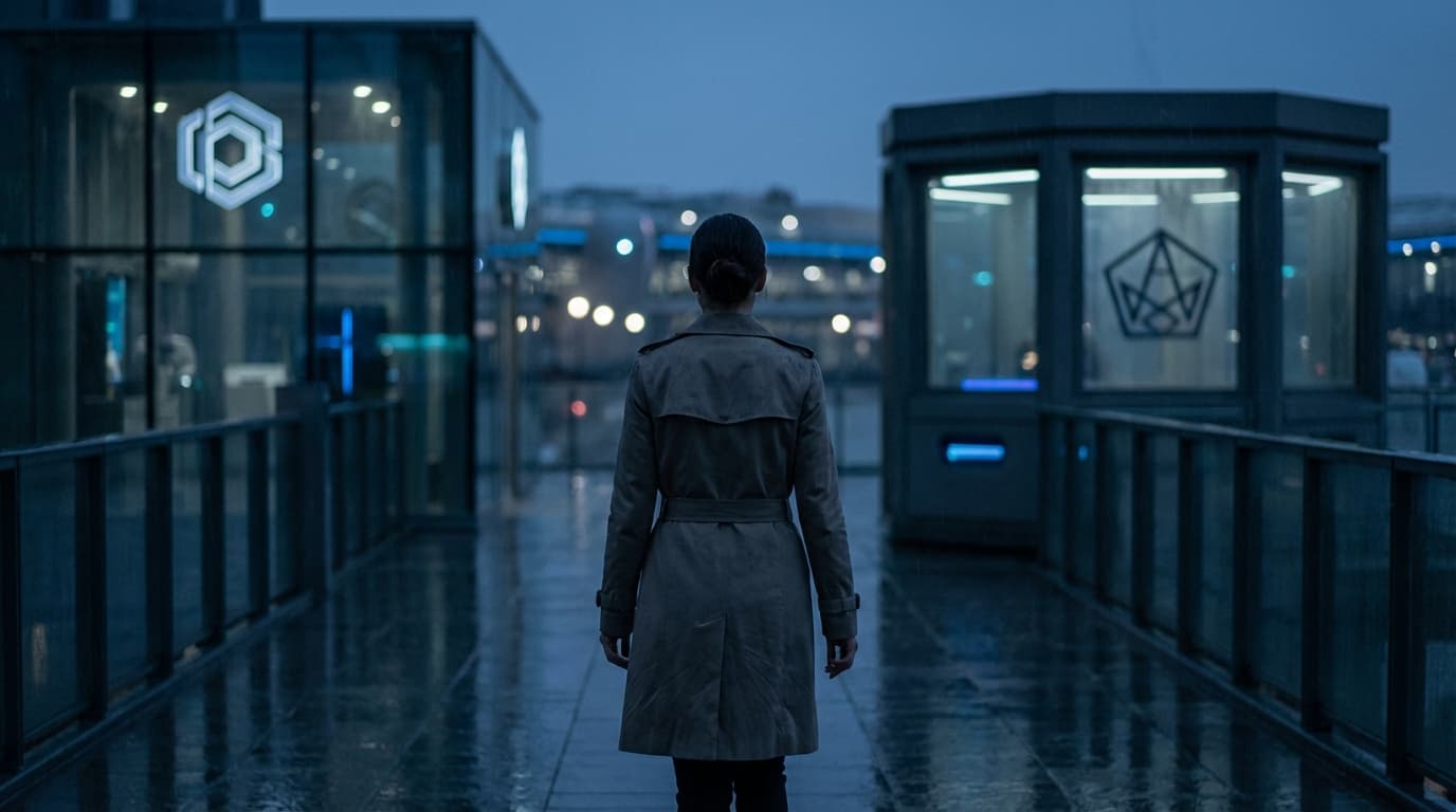 A professional woman walking away from a high-tech laboratory with 'OpenAI' and 'Pentagon' symbols v