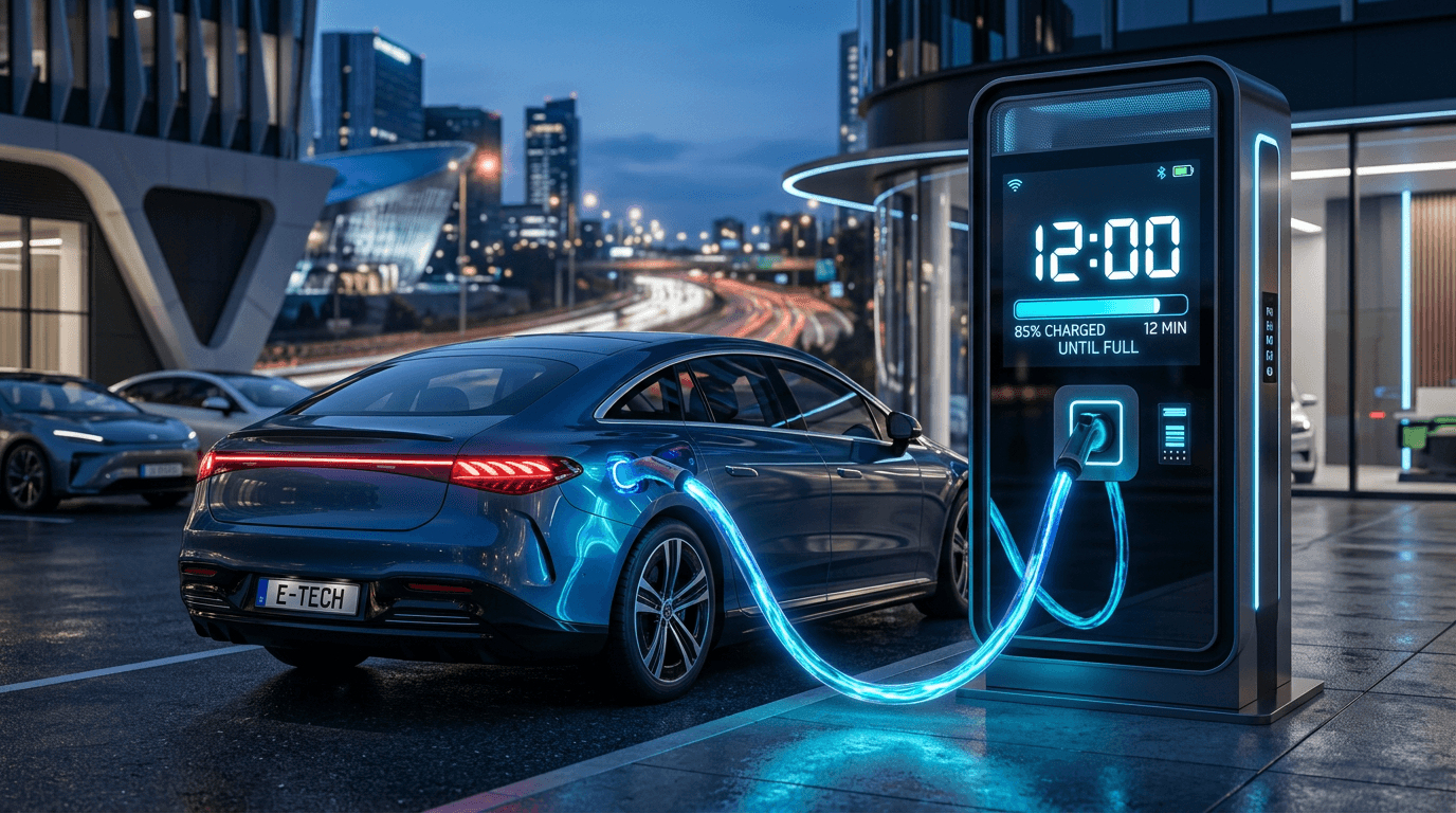 A modern electric vehicle at a high-tech charging station with a digital timer on the screen showing