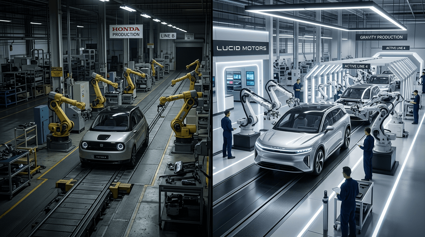 A modern electric vehicle assembly line split in two: one side shows a Honda factory with machines s