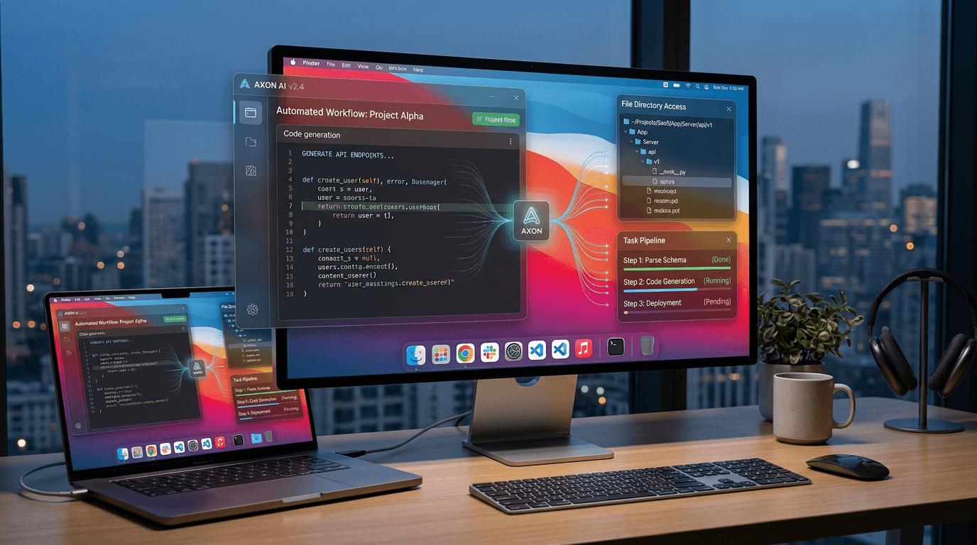 A futuristic digital workstation showing an AI agent's interface overlaid on a MacOS desktop, with t