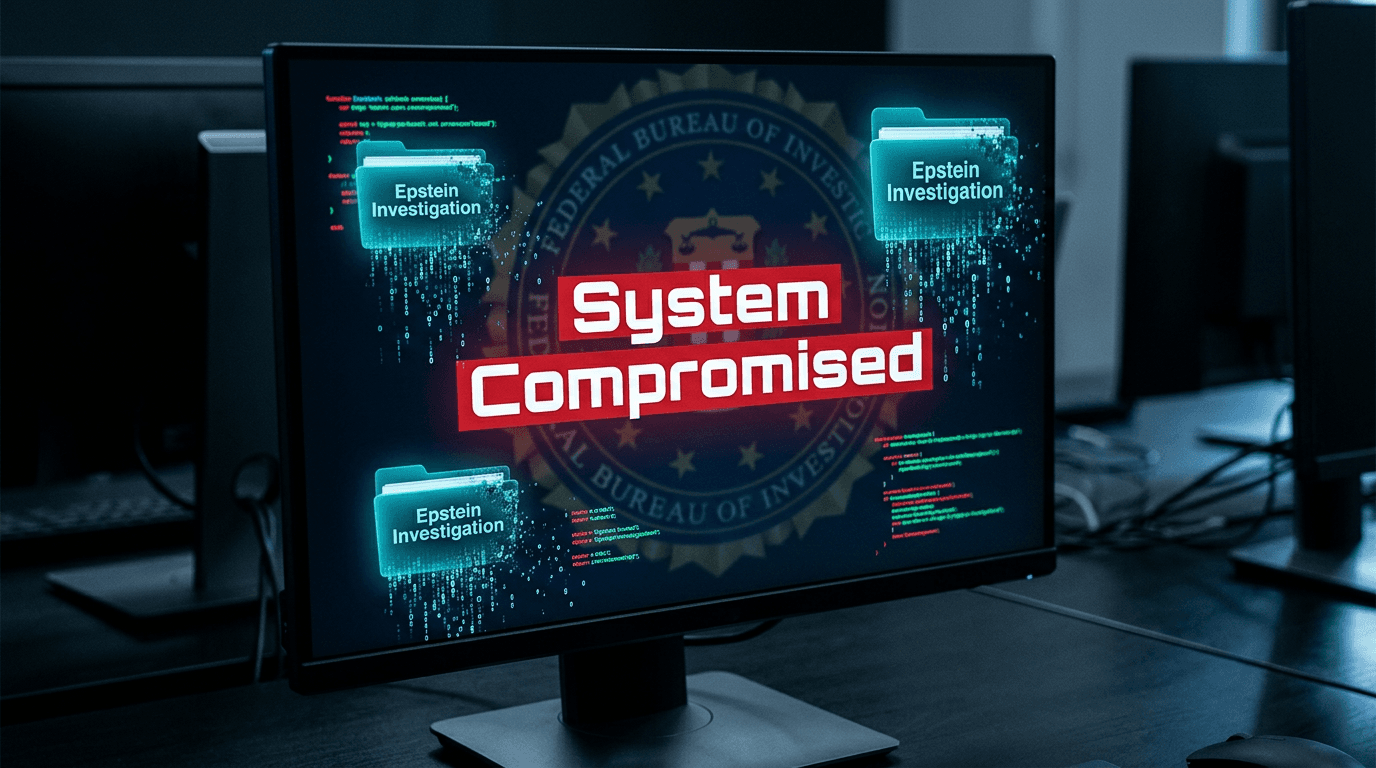 A dark, atmospheric scene of a computer screen showing a 'System Compromised' warning in red, with a