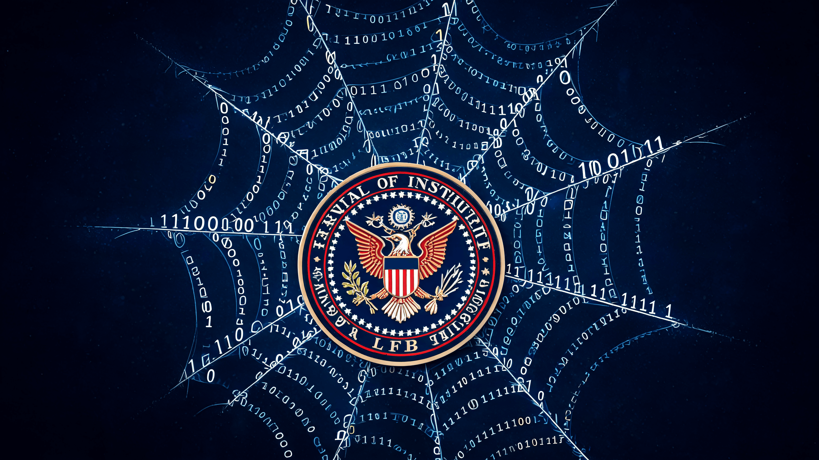 A conceptual digital illustration of a spider web made of glowing binary code, with an FBI seal in t