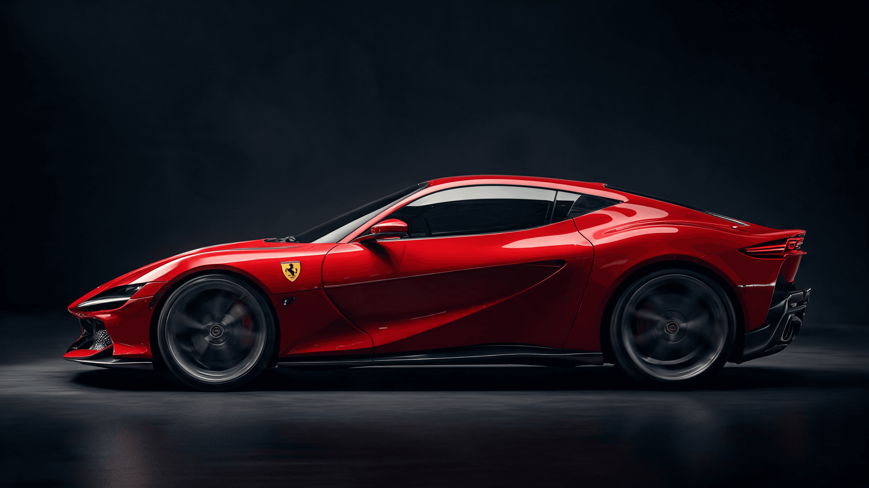 A side profile of a sleek, aggressive Ferrari-style electric supercar, modern aesthetics, metallic r
