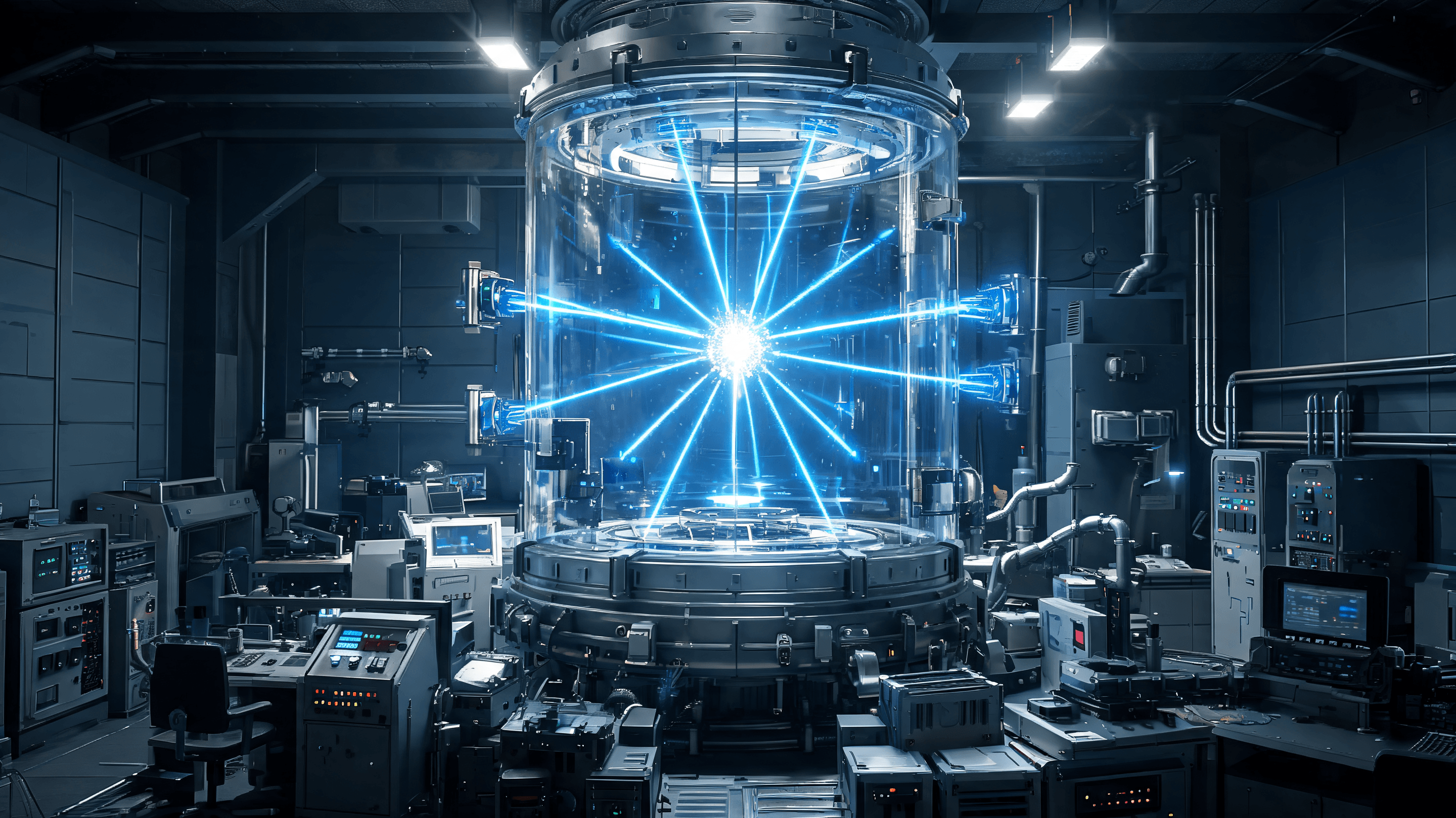 An industrial lab setting showcasing high-tech fusion reactor equipment, laser pulse beams convergin