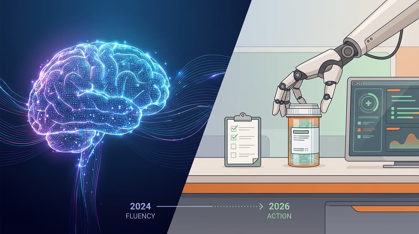 From Semantic Fluency to Verifiable Action: The 2026 Agentic and Medical AI Reality Check. Depict th