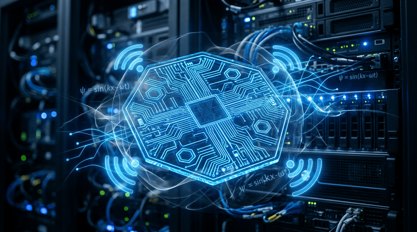 A macro shot of a crystalline glass semiconductor substrate with glowing blue circuit patterns, floa