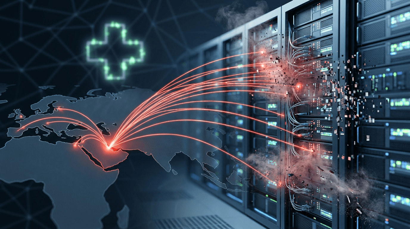 A dramatic visualization of a global map with glowing red lines originating from the Middle East str