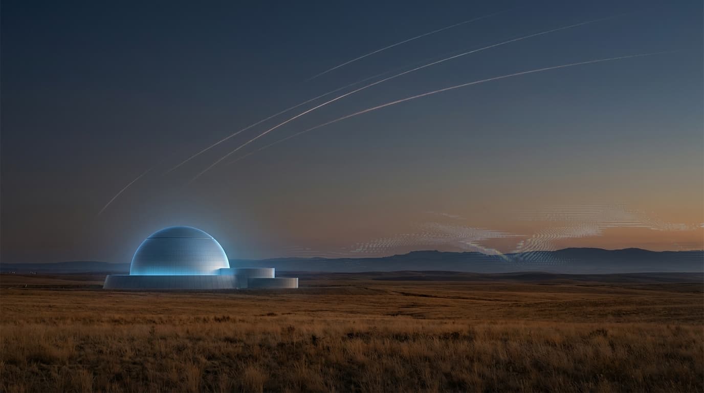 A cinematic landscape where a futuristic nuclear reactor with a blue glow stands prominently in a Wy