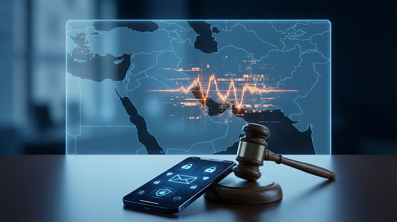 A conceptual digital map of the Middle East with glowing orange static patterns over the Persian Gul