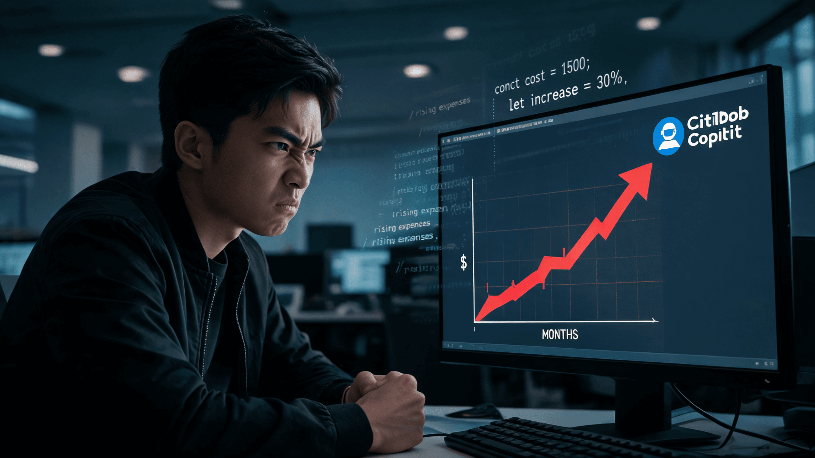An angry software developer looking at a computer screen showing a rising cost graph, GitHub Copilot