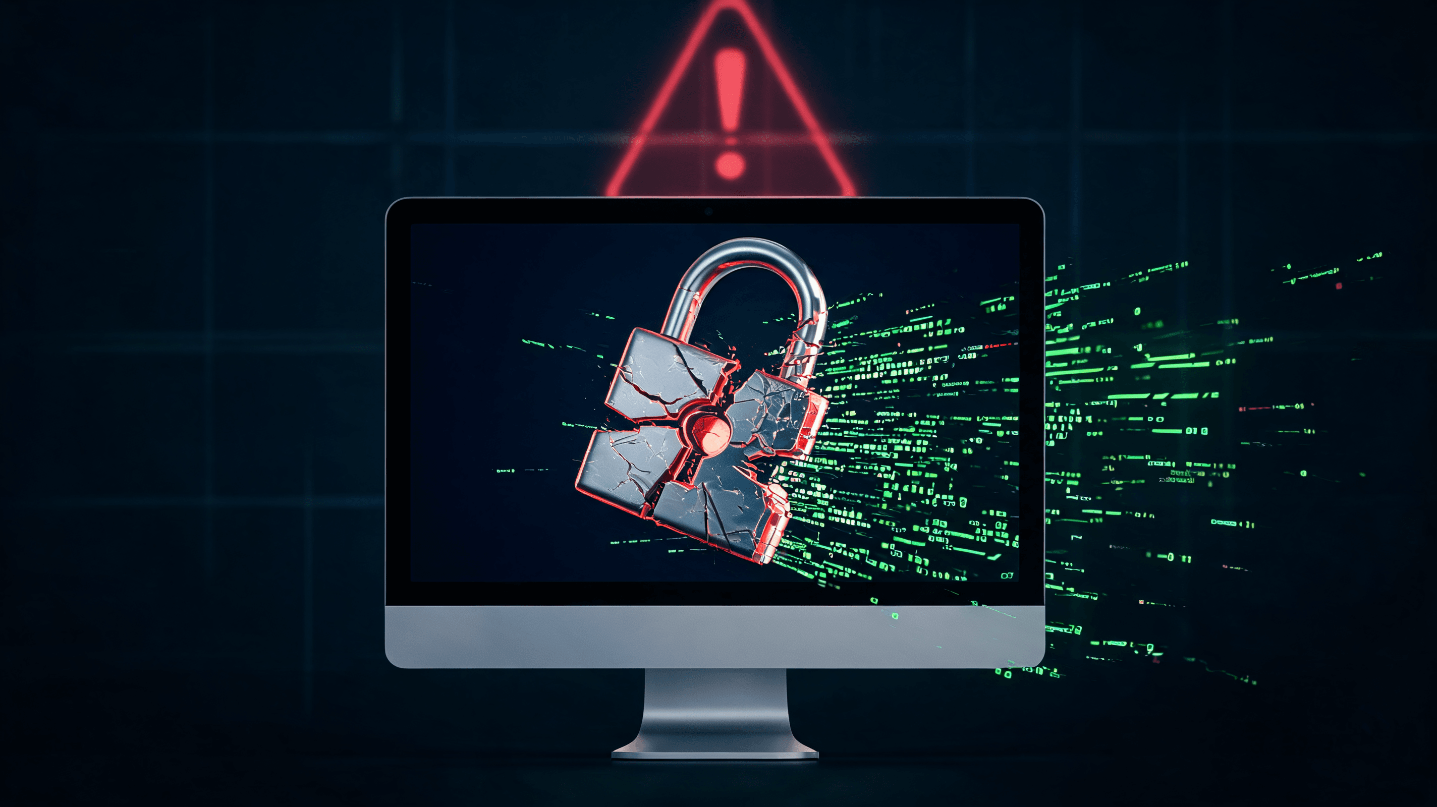 A conceptual, dark-themed image representing cybersecurity, featuring a digital lock failing on a st