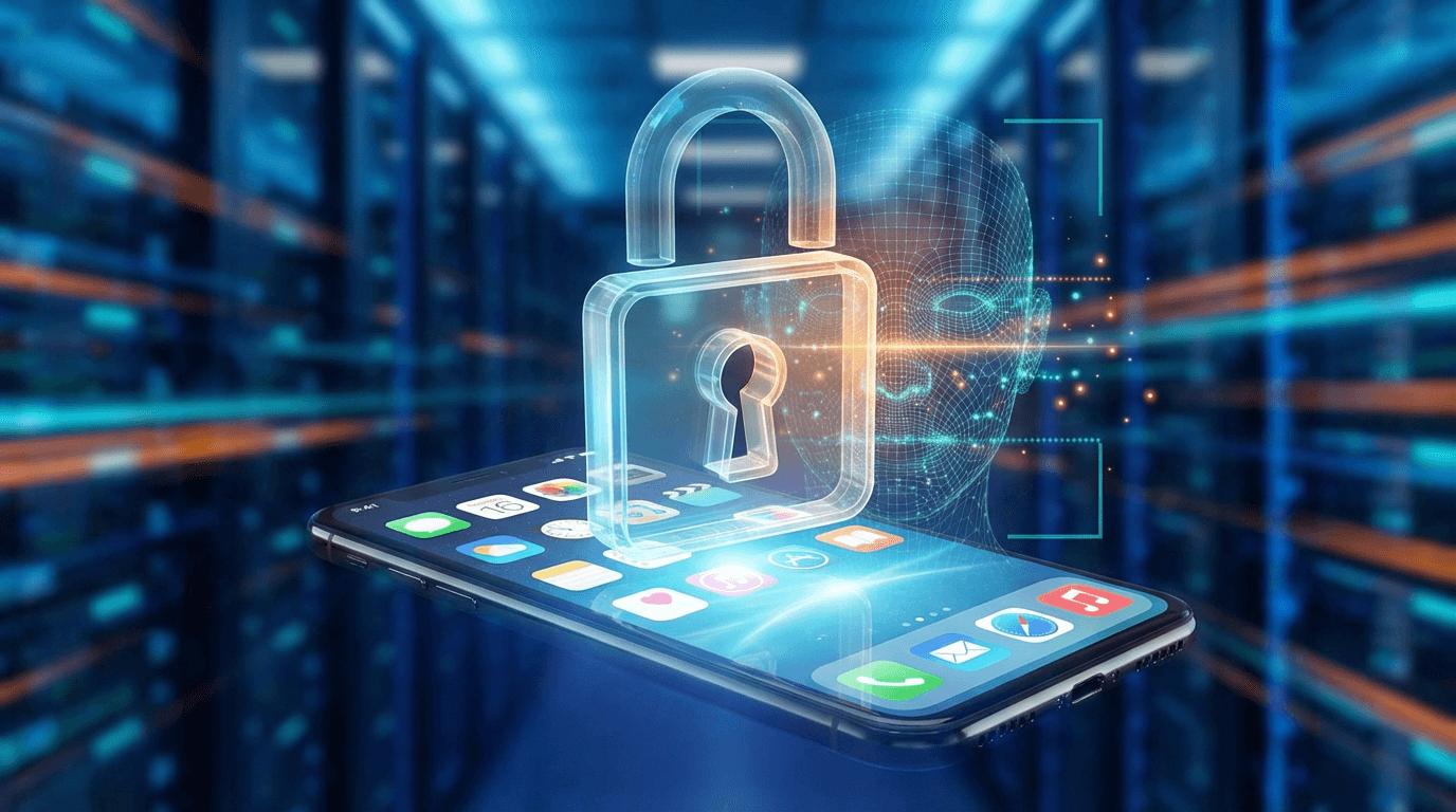 A digital 3D padlock over a glowing smartphone screen showing app icons, with a translucent human fa