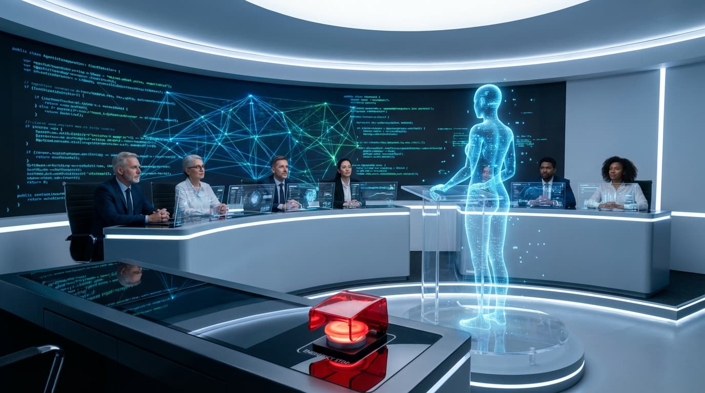A conceptual image of a futuristic digital courtroom where a translucent AI avatar is being audited