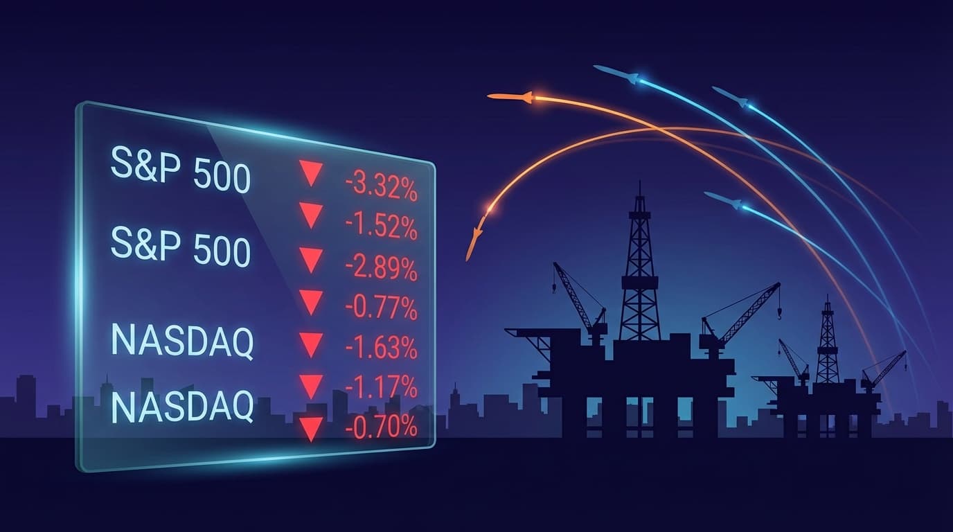 A digital stock market board showing red downward arrows next to the labels 'S&P 500' and 'NASDAQ',