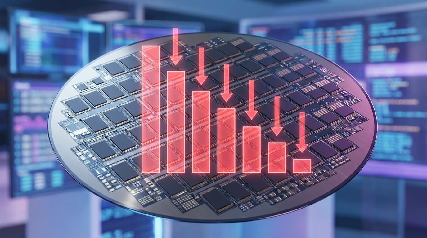 A close-up of a semiconductor wafer with memory chips, overlaid with a falling bar graph representin