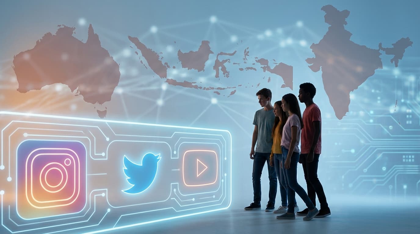 A digital barrier or a locked gate with social media icons (like a camera, a bird, and a play button